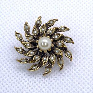 Retro Classic Gold-Tone Dress Pinwheel Brooch Pin Faux Pearls Sunburst Vintage
